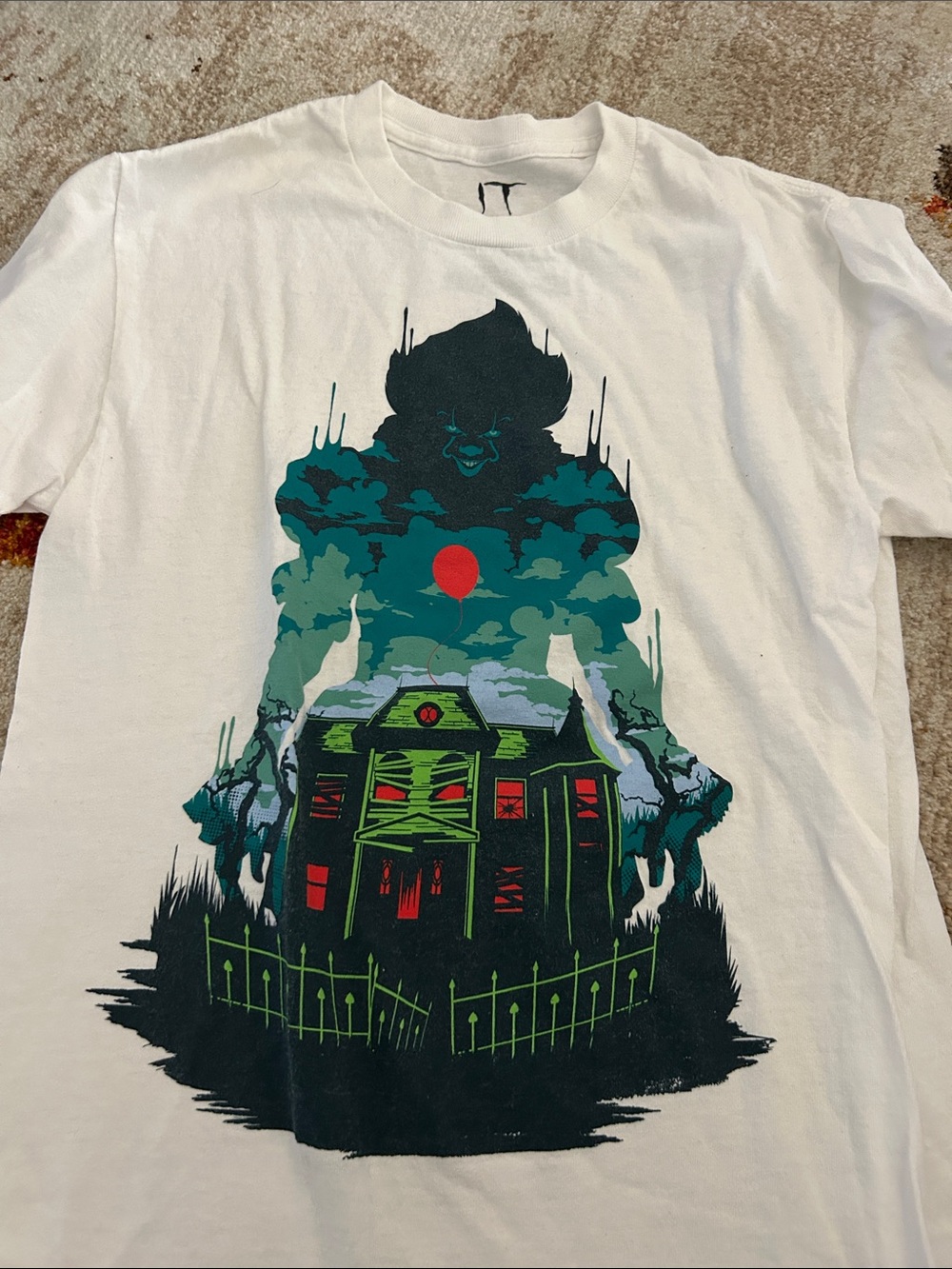 White Graphic Home Art T-Shirt with Haunted House Design